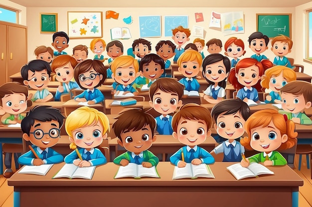 Des enfants d'école de dessins animés heureux