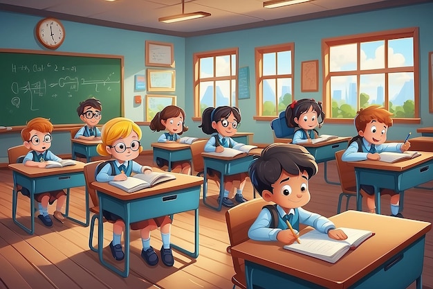 Des enfants d'école de dessins animés qui étudient en classe