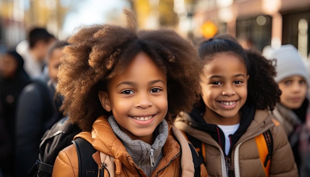 Enfants de l'école élémentaire avec des sacs à dos souriant à la caméra