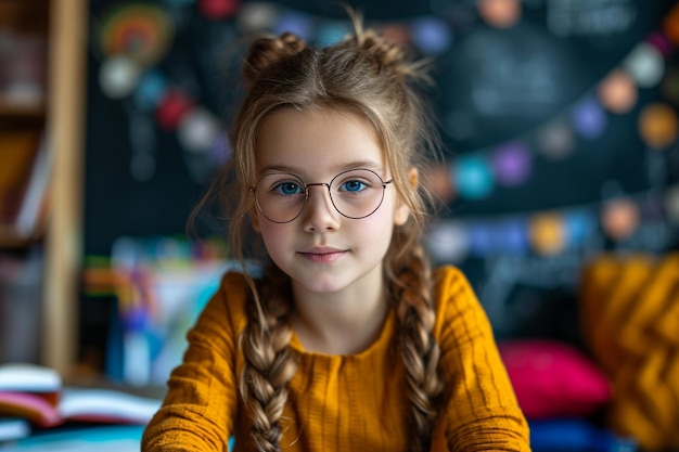 enfants d'école fille bboy étude heureux assez mignon cool lunettes sac à dos pomme stylo crayon livres carnets d'étude écriture enfant salle de classe intellect primaire début et fin de la cloche de l'école