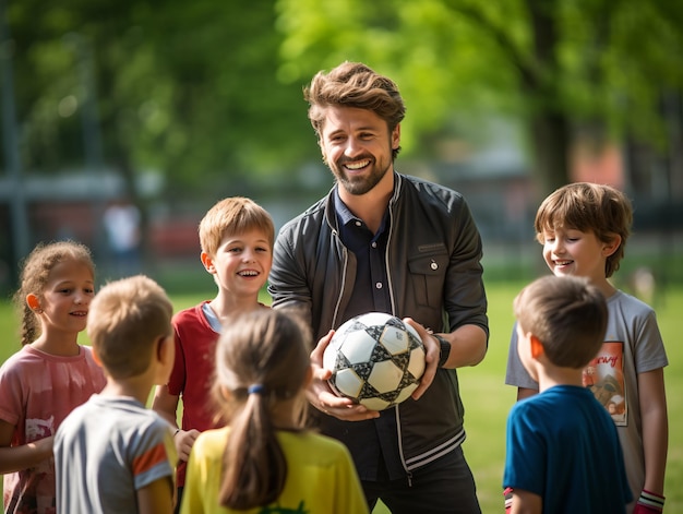 Des enfants d'école primaire et un enseignant assis avec un ballon dans le champ