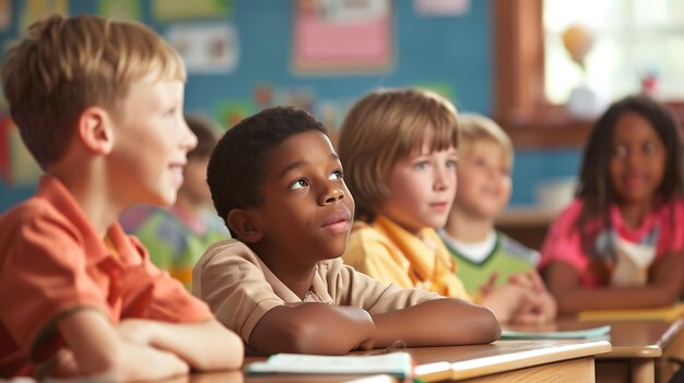 Photo des enfants d'école primaire réfléchis assis à leur bureau et regardant leur professeur.