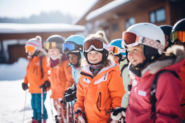 Les enfants de l'école de ski d'hiver entendent leur entraîneur Les enfants apprennent à skier AI générative