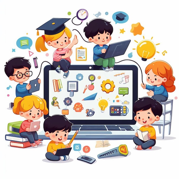 Les enfants de l'école vectorielle gratuite étudient devant l'ordinateur