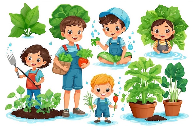 Photo enfants éducation enfants mignons arrosent les jardins de légumes biologiques arrière-plan blanc illustration vectorielle