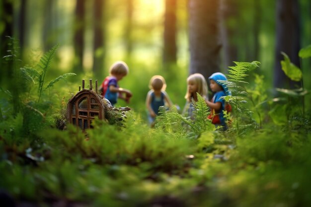 Enfants engagés dans une partie amicale de cache-cache dans une forêt luxuriante Jouets pour enfants