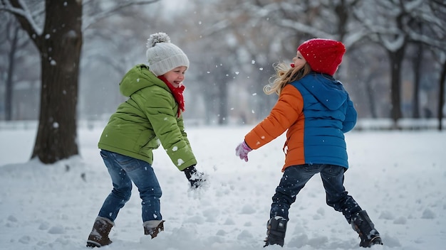 Des enfants enjoués s'amusent dans le parc par une journée d'hiver enneigée.