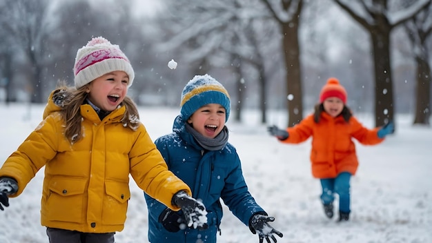 Des enfants enjoués s'amusent dans le parc par une journée d'hiver enneigée.