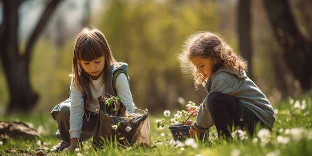 Des enfants enlèvent les ordures du parc en l'honneur de la Journée de la Terre