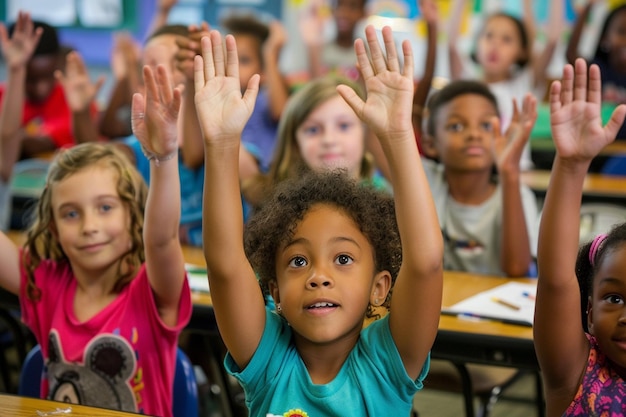 Des enfants enthousiastes lèvent la main en classe avec l'IA générée