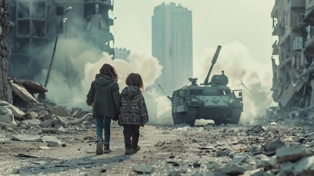 Les enfants errent dans une rue déchirée par la guerre un symbole poignant de la vie persévérant au milieu de la désolation