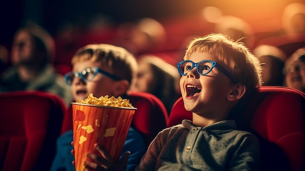 Des enfants étonnés en tenue décontractée et lunettes 3D au cinéma