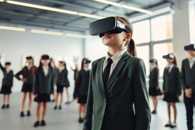 Enfants étudiants portant un casque VR utilisateur monde surréaliste et réalité virtuelle IA générative