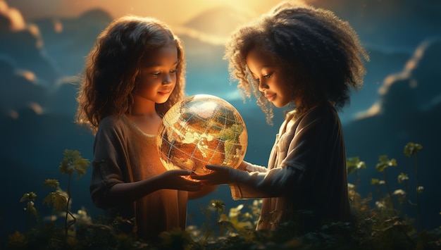 Les enfants étudient le globe, les enfants du monde, le monde est entre les mains des enfants.