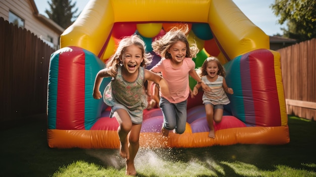 Des enfants excités courent et sautent joyeusement à travers un château gonflable coloré lors d'une fête pour enfants