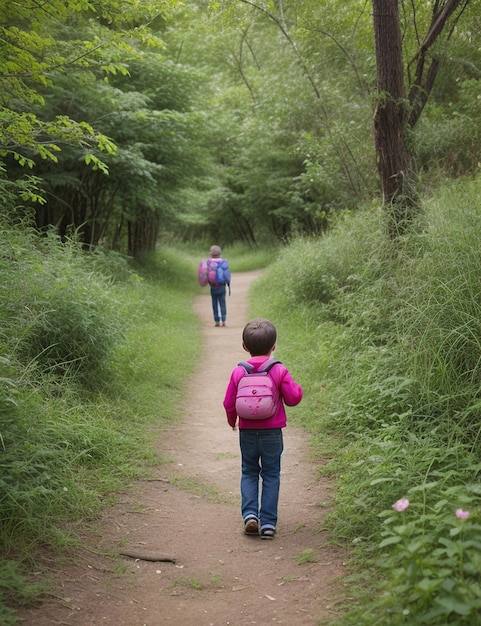 enfants explorant la nature en marchant sur des sentiers avec des sacs à dos et un chemin