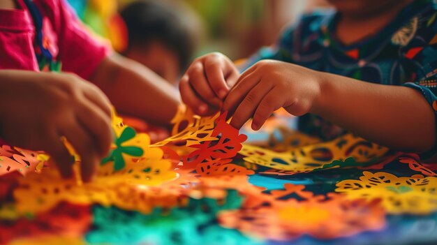 Les enfants fabriquent des décorations en papier coloré.