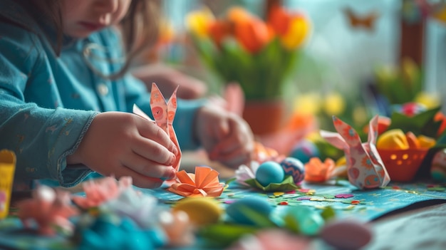 Des enfants fabriquent des lapins en papier intricats qui imprègnent la maison du charme de Pâques.