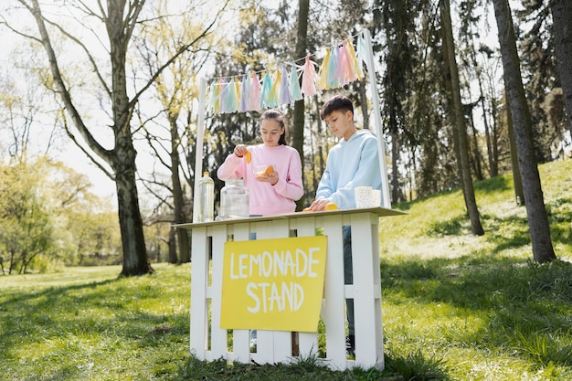 Enfants à faible angle faisant de la limonade