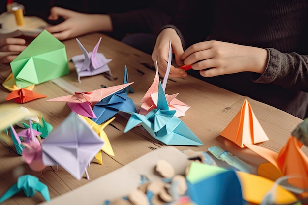 Photo enfants faisant de l'artisanat en papier et de l'origami pour des projets scolaires créés avec l'ia générative