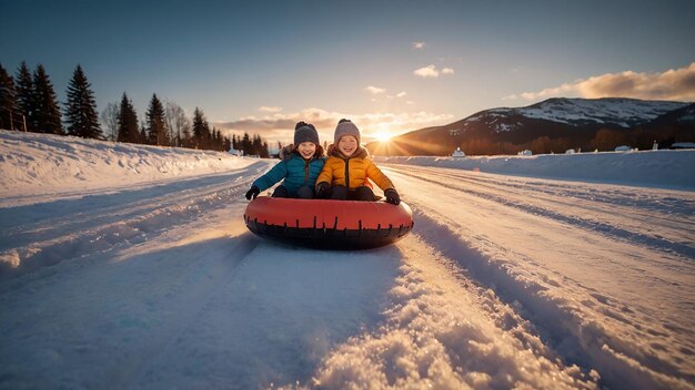 Des enfants faisant du snow tubing.