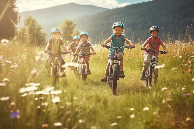 Enfants faisant du vélo dans un champ avec des montagnes en arrière-plan