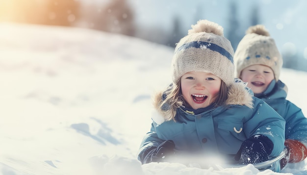 Enfants faisant de la luge ensemble en hiver