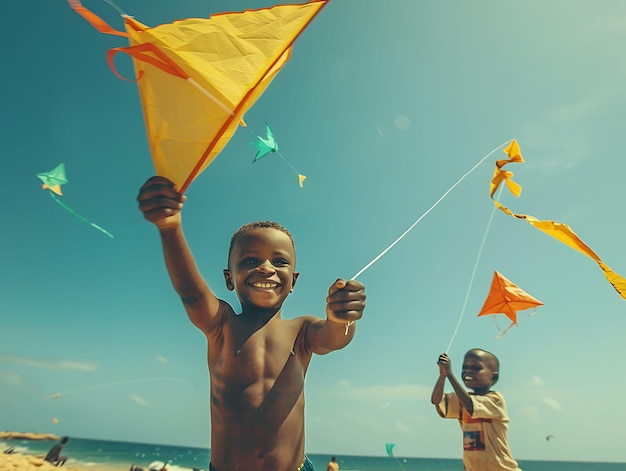 Des enfants font voler des cerfs-volants lors d'une fête de plage au Cap-Vert