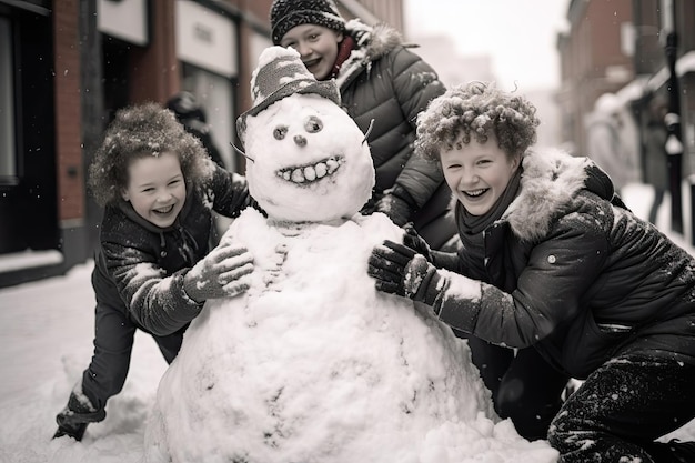 Les enfants forment un bonhomme de neige.