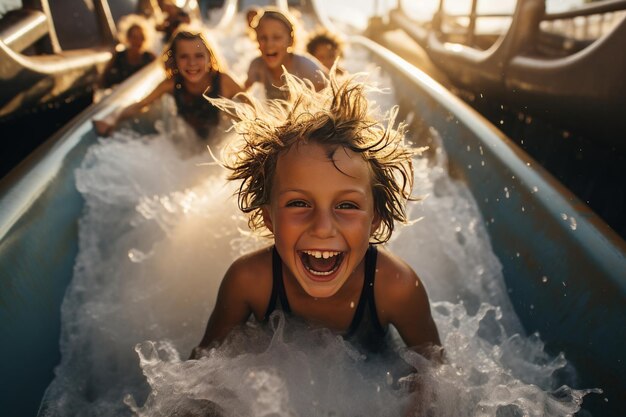 Photo des enfants glissant sur un toboggan d'eau ai générative