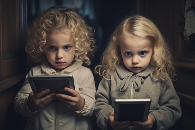 Des enfants gourmands méconnaissables ne veulent pas partager une tablette à l’intérieur