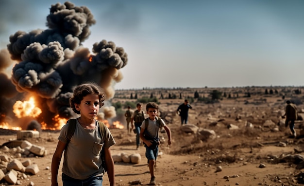 enfants à la guerre un enfant sur le champ de bataille dans le contexte d'explosions et de bataille