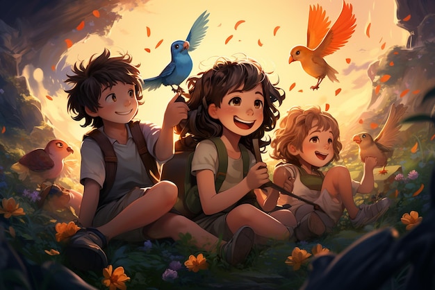 enfants sur l'herbe avec des oiseaux et un arc-en-ciel dans le style d'un lieu d'étude