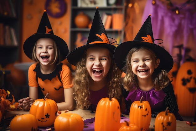 Des enfants heureux célébrant Halloween dans une salle de classe