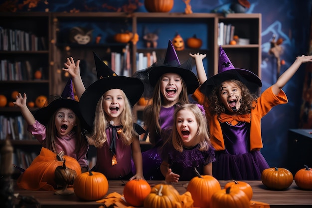 Des enfants heureux célébrant Halloween dans une salle de classe