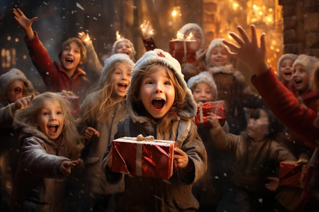 Enfants heureux célébrant Noël avec des cadeaux d'ouverture en famille