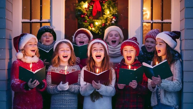 Photo des enfants heureux chantant des chants de noël