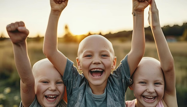 Photo des enfants heureux, chauves, souriants et pleine d'espoir.