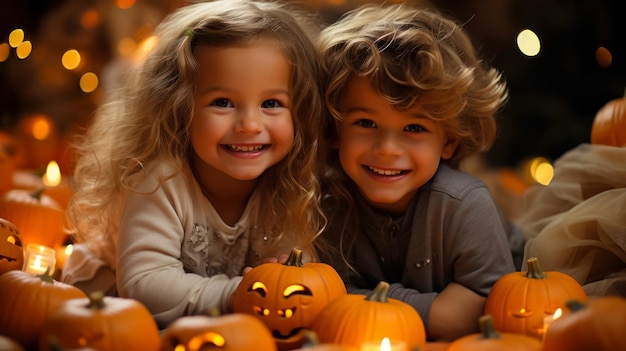 Des enfants heureux avec des citrouilles décorées Halloween qui rient des enfants en vacances générés par l'IA
