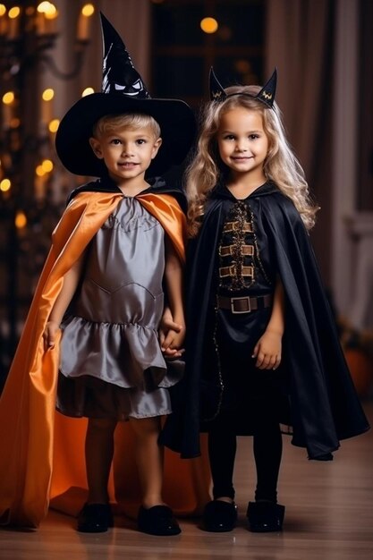 Photo des enfants heureux en costumes de carnaval célèbrent halloween dans le vieux château.