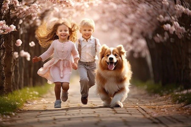 Des enfants heureux courent avec leur chien et s'amusent dans le parc de printemps.