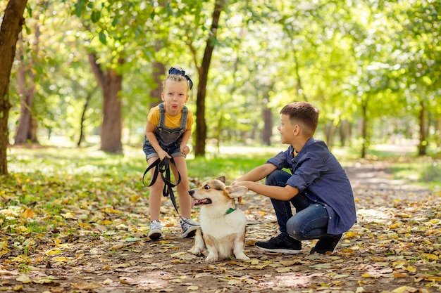 Enfants heureux dans le parc jouant avec leur chien