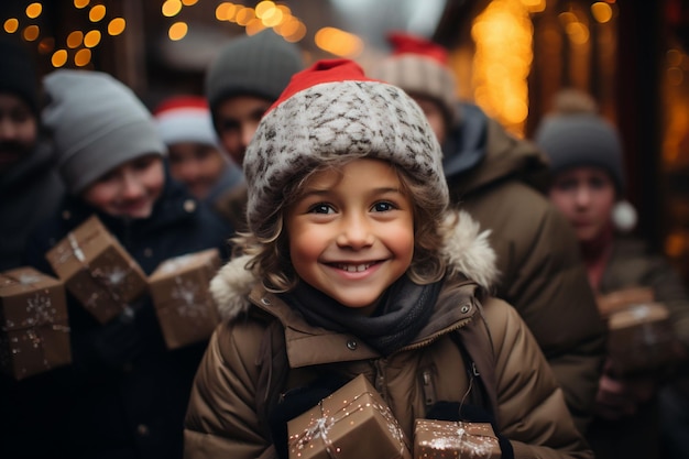 Des enfants heureux dans la rue avec des cadeaux de Noël dans les mains Des cadeaux pour des dons de charité et de sensibilisation