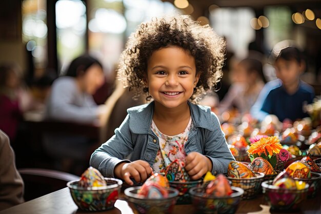 Photo des enfants heureux décorant des paniers et chassant des œufs de pâques