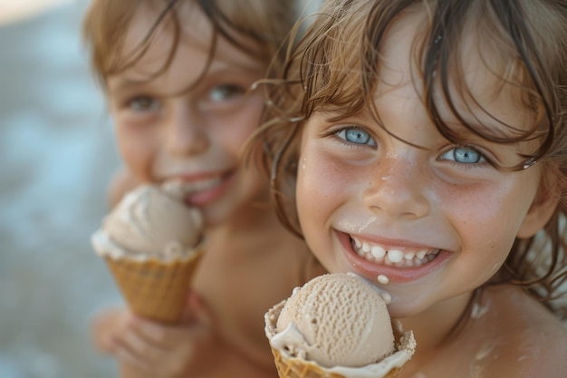 Photo des enfants heureux dégustant des cônes de crème glacée sur la plage de sable sur une journée ensoleillée