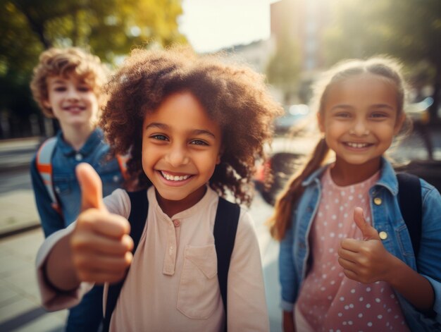 Des enfants heureux et divers montrent le pouce en l'air libre à l'école