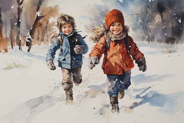 enfants heureux, écoliers, amis en vacances, jouent et courent dehors en hiver Carte de vœux de Noël