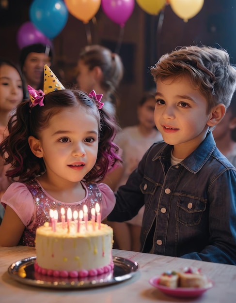 Des enfants heureux et excités célèbrent et s'amusent à la fête d'anniversaire des enfants