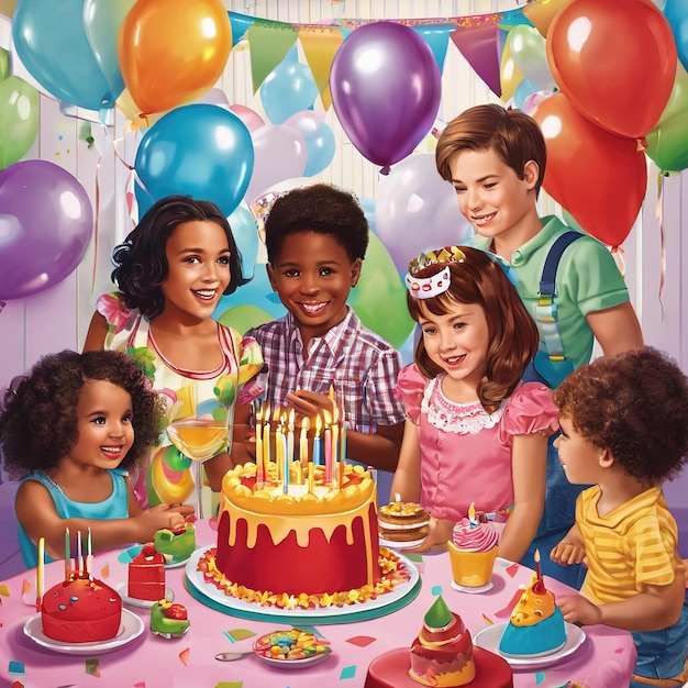 Photo des enfants heureux faisant une fête d'anniversaire ensemble à la maison. des enfants s'amusant avec du gâteau.