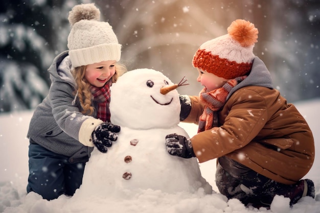 Photo des enfants heureux, une fille et un garçon qui font un bonhomme de neige.